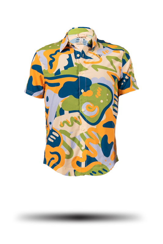 Product ghost shot touring tech button down maestro multi color from the Varlo 2025 gravel series.