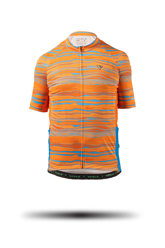 Product ghost shot of the Pioneer Gravel Jersey colored path orange in the new Varlo 2025 gravel series.