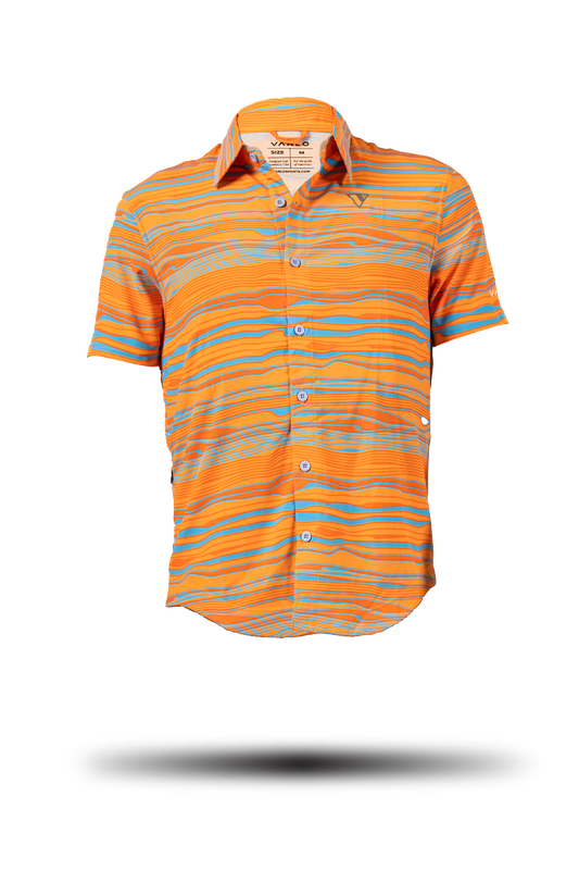 Product ghost shot of the Varlo touring tech button down in path orange for the 2025 gravel series.
