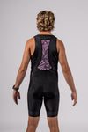 Back of the mens Varlo roam cargo cycling bib pulse purple. 