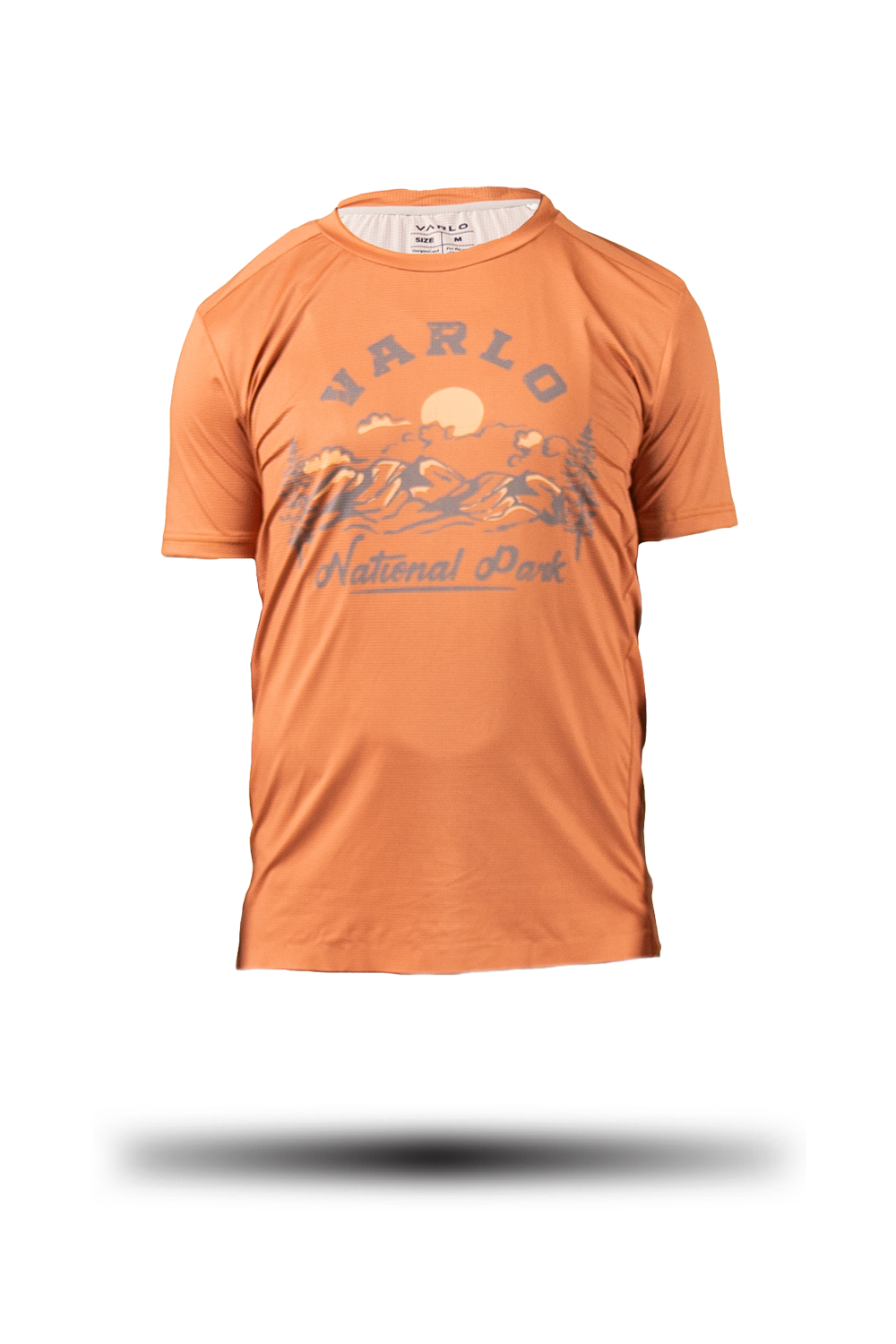 Product ghost shot of the Varlo explorer cycle crew shirt in parkroad tan for the 2025 gravel series.