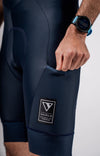 Varlo cycling shorts lower left lego with the Varlo logo, pocket feature, and designed for tomorrow.